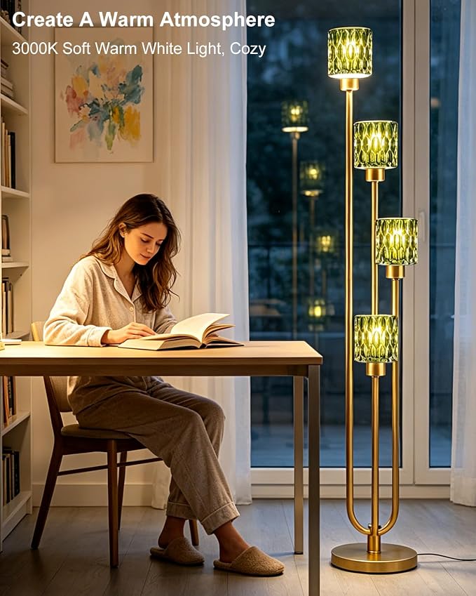 Vintage 4-Light Green Glass Floor Lamp, Dimmable Gold Standing Tall Lamp for Reading, Mid Century Modern Floor Lamp for Living Room Bedroom Home Office Corner Decor, Bulb Included