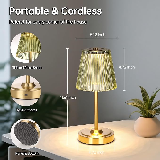 Shenmoyl Set of 2 Cordless Touch Table Lamp with 5200mAh Battery - 3 Adjustable Color Temperatures & Dimmable, Rechargeable Lamp for Bedsides, Living Room, Entryway, Bookshelves (Green Stripe)