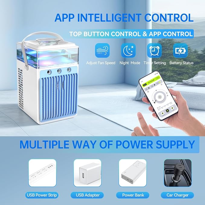 Portable Air Conditioners: 5 in 1 Mini AC Fan with 800ML Water Tank App Control Evaporative USB Powered Rechargeable Personal Cooling for Bedroom Night Light Office Desk Camping Tent Car