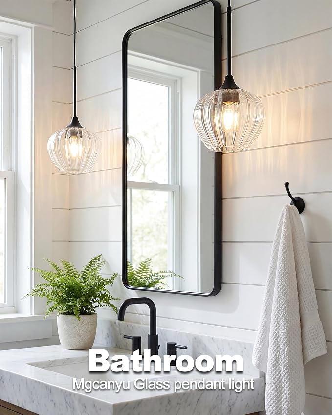 2-Pack Glass Pendant Lights Kitchen Island, 7.7" Modern Black Glass Pendant Lighting Farmhouse Hanging Light Fixtures for Kitchen, Dining Room, Bathroom, Bedroom