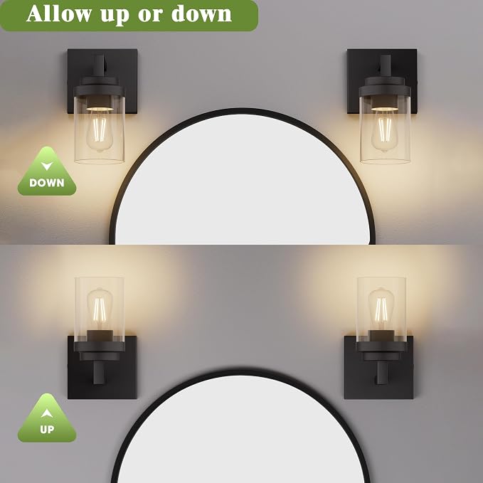 Matte Black Wall Lights, Set of 2 Wall Sconce with Clear Glass Shade, Farmhouse Sconce Lights, Wall Mount Lamp for Bedroom Mirror Living Room