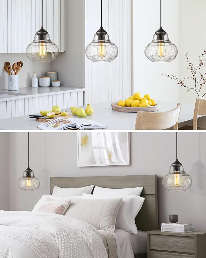 ELYONA 2 Pack Bubble Glass Pendant Light 8 inch Industrial Kitchen Hanging Pendant Light Fxitures Modern Hand Blown Seeded Glass for Farmhouse Dining Room Bar Bedroom Living Room Black