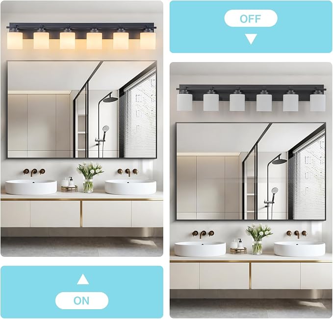 Modern Bathroom Light Fixtures Over Mirror, Vanity Lights for Bathroom Wall Sconces with Milky White Glass Shades, E26 Socket (Bulbs Not Included), 6 Light, Black
