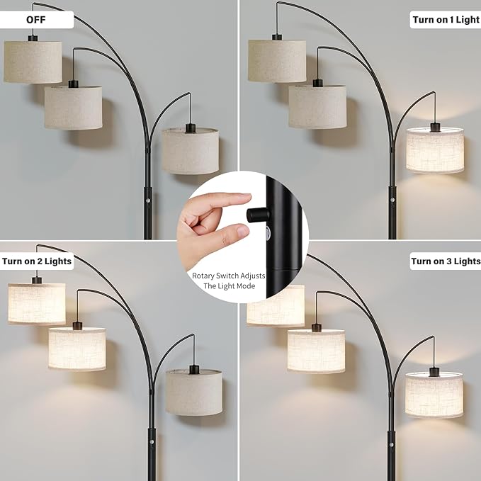 SUNMORY 3 Lights Floor Lamp for Living Room, 78" Tall Standing Lamp with Hanging Drum Shade, Modern Arc Floor Lamps with Heavy Base, Mid Century Arched Tree Floor Lamp for Bedroom, Office, Corner