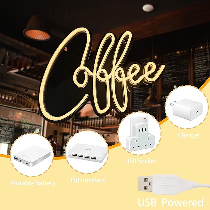 Coffee Neon Sign Bar Wall Decor,Adjustable Brightness Led Lights Sign,USB Powered Neon Light for Coffee Bar,Home Bar,Hotel(Yellow)