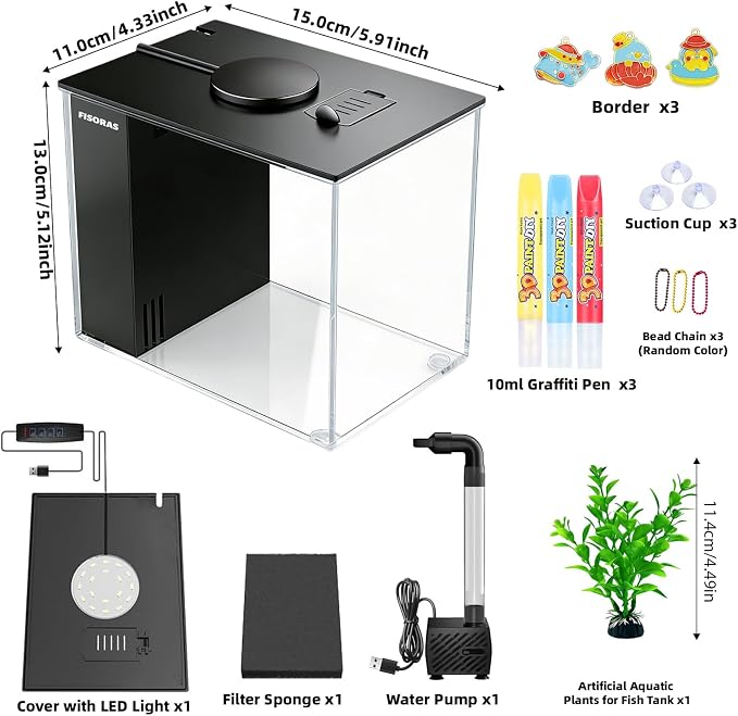 0.5Gal (1.9L) Small Aquarium with Water Filter Pump and LED Light | Ideal for small fish