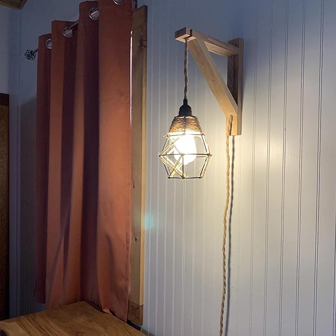 Frideko Plug in Wall Sconce Boho Farmhouse Hanging Wall Lamp with Plug in Cord, Wall Light with Wood Shelf Bracket for Bedroom Living Room Apartment RV Camper(Orange)