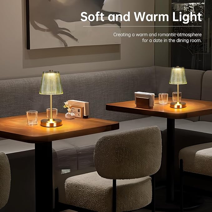 Shenmoyl Set of 2 Cordless Touch Table Lamp with 5200mAh Battery - 3 Adjustable Color Temperatures & Dimmable, Rechargeable Lamp for Bedsides, Living Room, Entryway, Bookshelves (Green Stripe)