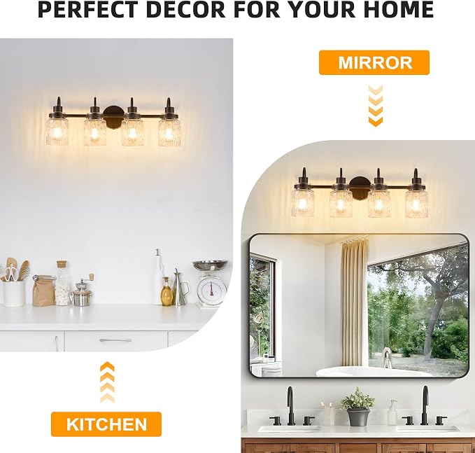 4 Lights Hammered Glass Bathroom Vanity Light, Oil Rubbed Bronze | Easy Installation,Up or Down,Farmhouse Modern Style,E26 Socket,ETL Certification