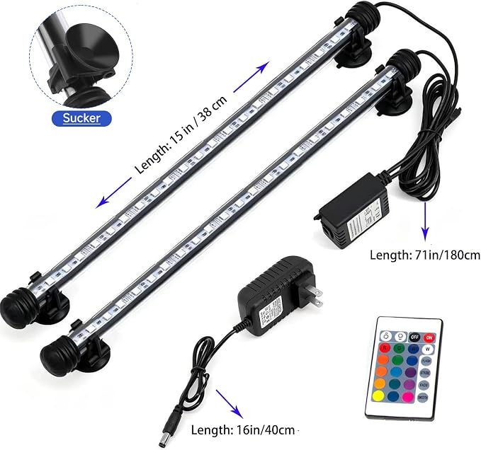 15 inches LED Aquarium Light, Fish Tank Light Underwater Light Submersible Crystal Glass Lights, 21 LED Beads 16 Colors 4 Modes Brightness Adjustable Memory Function IP68 Waterproof, 15" 2 Lights