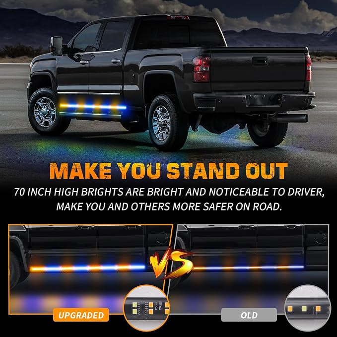 70 inch Running Board Strobe Lights Amber Blue Emergency Lights | 2PCS 864 LED Exterior Flashing Warning Hazard Caution Safety Light Strip for Tow Plow Trucks Construction Vehicles Pickup