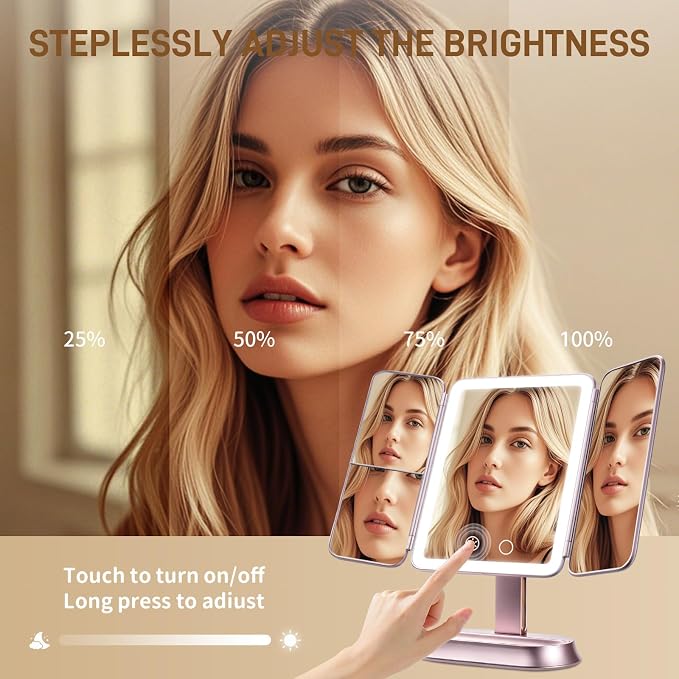 FRANO Lighted Makeup Mirror with 1X/3X/5X Magnification, Rechargeable Trifold Mirror, Smart Sensor & 3 Light Colors, Portable Cosmetic Vanity Mirror for Women - Metallic Purple