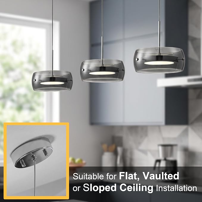 Modern Pendant Lights Kitchen Island, Dual-Sided LED 3-CCT Dimmable Smoked Glass Hanging Lighting Fixture, Adjustable Cable for Dining Room, Bar, Over Table, Sloped Ceiling Chrome Silver