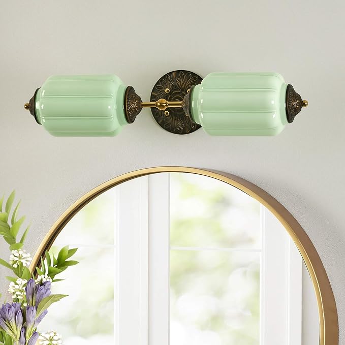 Vintage Green Milk Glass Bathroom Vanity Light - 25" Dimmable Wall Sconce | Mid Century,Vertical or Horizontal Mounted,Antique Brass Gold Lighting Fixture for Bedroom Hallway Decor,E12 Bulb×2 Included