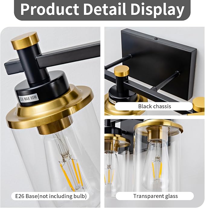 3 Light Bathroom Light Fixtures, Black and Brushed Gold Vanity Light Fixture Over Mirror, Modern Wall Sconces Lighting Wall Lamp for Bathroom, Bedroom, Hallway with Clear Glass Shade