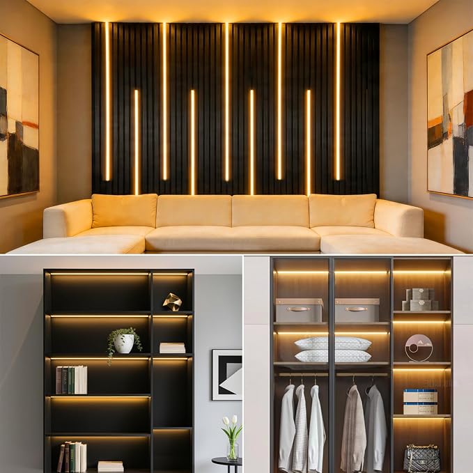 12V 10PCs Self-Adhesive Black COB LED Strip Light 3.3Ft | LED Recessed Lighting Kit with 100W Adapter 3000k Touch Dimmable Cabinet Light for Wood Slat Wall Panels Headboards Shelf