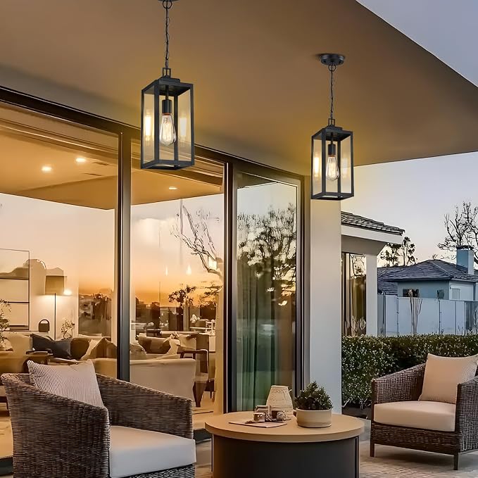 15'' Outdoor Pendant Light, Outside Chandelier Hanging Lantern, Black | Large, with Clear Glass, 1 Pack, Modern Exterior Pendant Lighting Fixture Ceiling Mount for Porch, Entryway