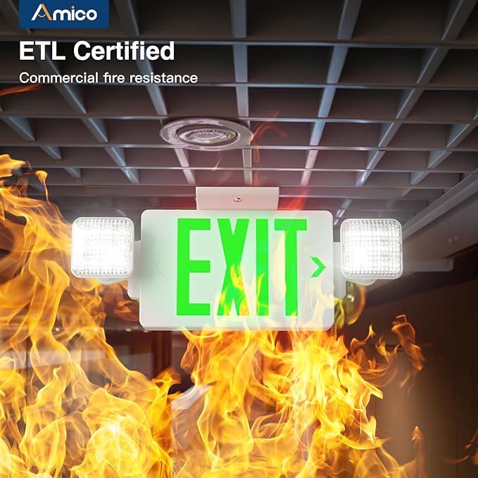 Amico 1 Pack Green Double-Sided Exit Sign with Emergency Lights, Two LED Adjustable Head with Battery Backup, ETL Certified, AC 120/277V, Commercial Emergency Lights Combo for Business
