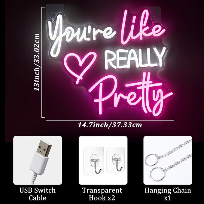 You're Like Really Pretty Neon Sign for Wall Decor, Pink Room Decor Led Sign for Bedroom Wall, Neon Light with Dimmer,Pink Wall Decoration USB Powered with Switch