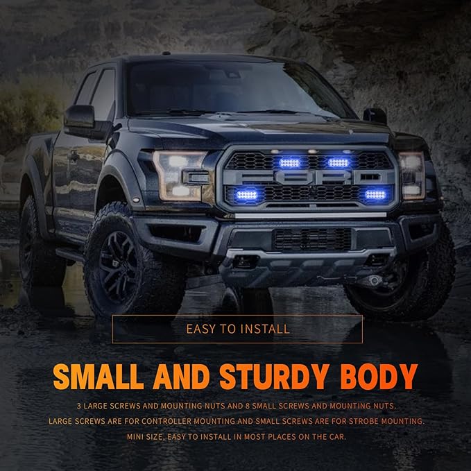 BooYu 4-pcs Sync Feature LED Emergency Strobe Lights Ultra Slim Grille Surface Mount Flashing Warning Hazard Light Bar w/Controller for Police, Firefighter, Trucks, Vehicles, Car (Blue)