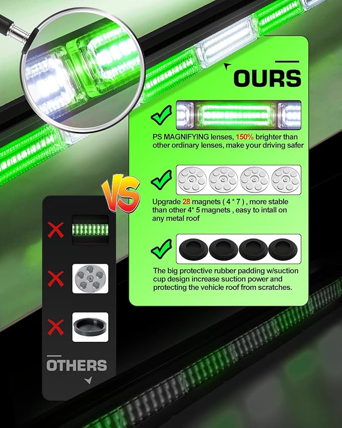 42" Traffic Advisor Light Bar Rooftop Emergency Warning Security Flash Strobe Light Bar with Magnetic Base for Construction Vehicles Plow Trucks Pickup, Green/White