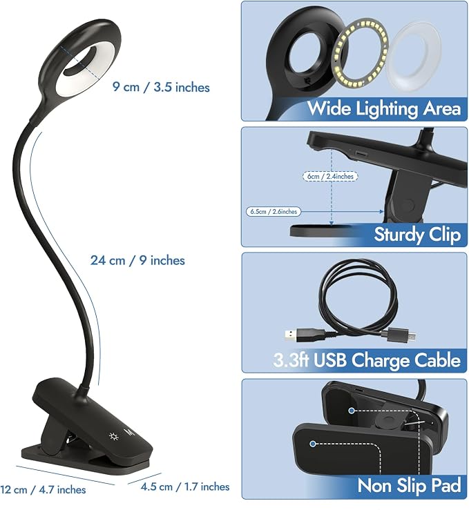 CUHIOY Rechargeable Clip on Reading Light for Bed Headboard, Black, 1 Pack | Strong Clamp USB-C Goose-Neck Night Light, 5 Colors 5 Brightness Desk Lamp for Bunk Bed Shelf, Perfect for Reading Working