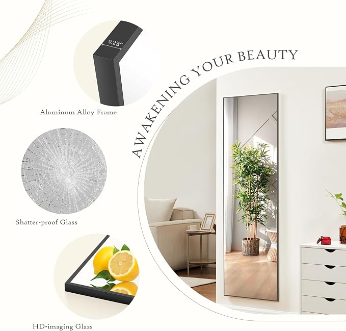 21"x64" Mirror Full Length, Upgraded Body Wall Mirrors | Shatter-Proof Nano Glass, Tall Standing, Hanging or Leaning, Aluminum Alloy Frame for Bedroom, Modern Home Decor, Black