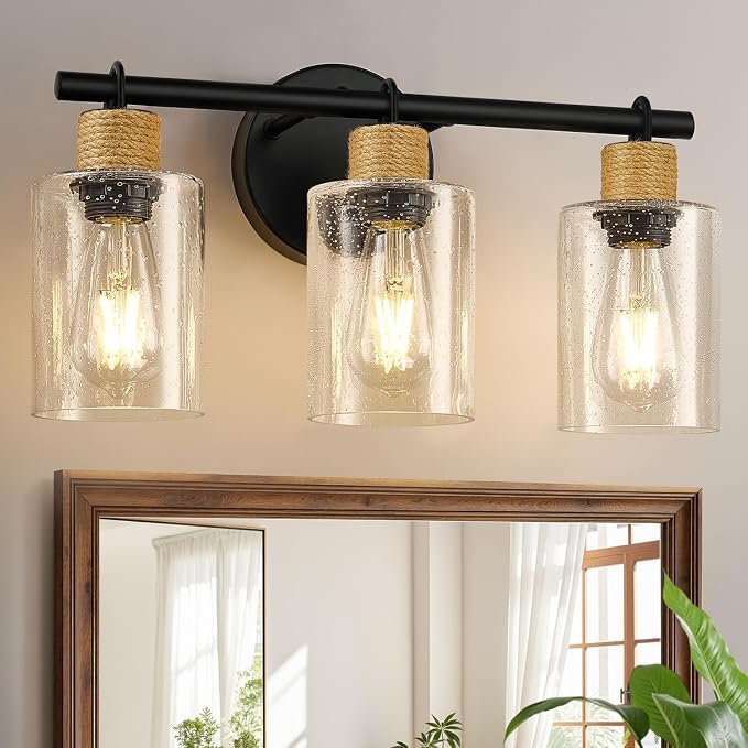 MOKATNG Bathroom Light Fixtures, 3-Light Coastal Vanity Lights with Seeded Glass, Black Bathroom Wall Lamp for Mirror Kitchen Cabinet Hallway