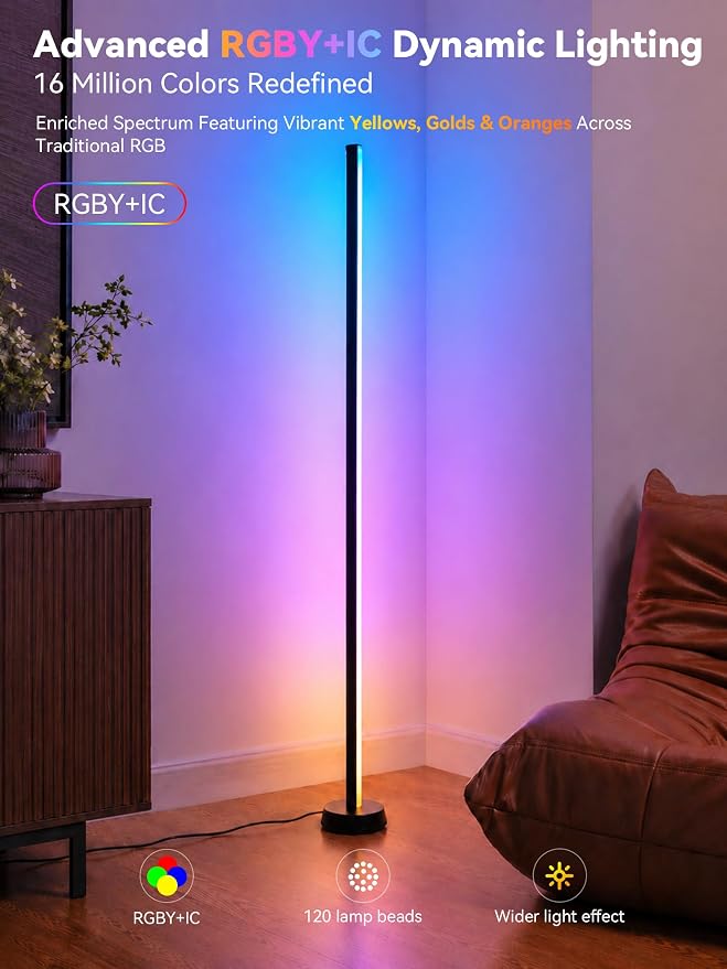 Smart LED Floor Lamp, RGBY+IC Corner Floor Lamp for Living Room | 36W Dimmable LED Floor Lamp with Alexa & App Control, DIY Color Effects, Standing Lamp for Gaming Room Bedroom Home Decor