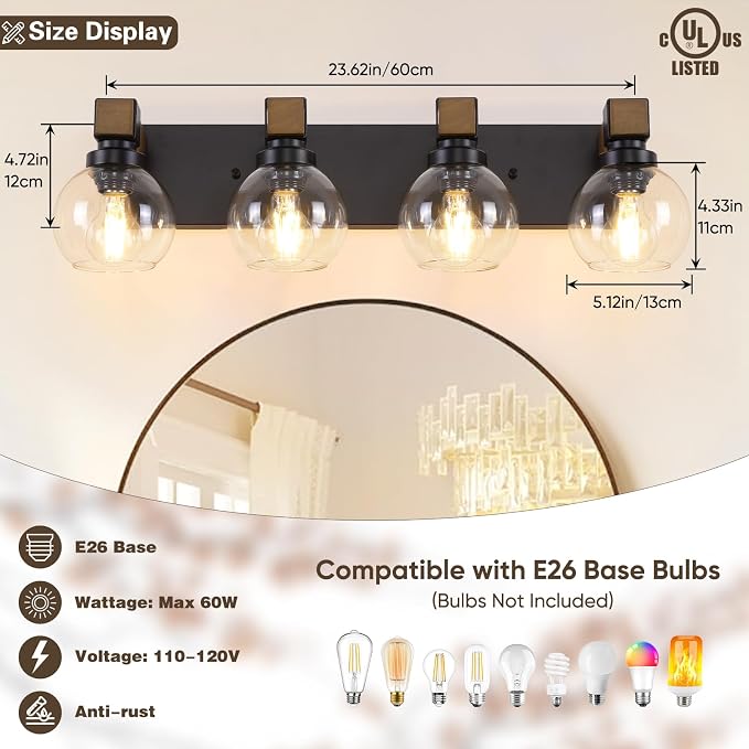 Bathroom Light Fixtures Over Mirror, Rustic 4-Light Wood Vanity Lights for Bathroom, Vintage Black Bathroom Wall Sconces Lighting with Globe Shades for Mirror Hallway Cabinet Living Room