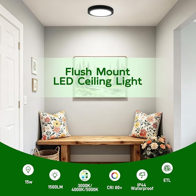 hykolity 7 Inch Selectable CCT LED Round Flat Panel Light,1500LM | 15W 3000K/4000K/5000K,Edge-Lit Flush Mount Ceiling Light Fixture for Kitchen, Bedroom, Laundry and Closet Room,Black