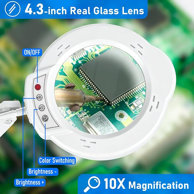 White 10X Magnifying Glass with Light and Stand, LED Desk Lamp with Base and Clamp, 5 Color Mode, 10 Dimmable Levels, Hands Free for Reading Crafts Jewelry Sewing Close Work