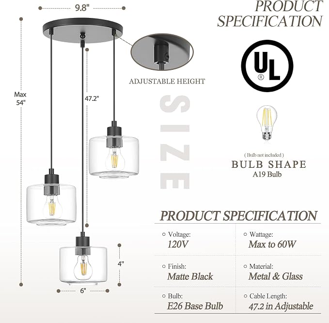 3-Light Pendant Lighting, Black Dining Room Chandelier Light Fixture Over Table with Clear Glass, Modern Cluster Hanging Lights for Kitchen Island Dining Room Sink, OS-YQ8153-3BKC