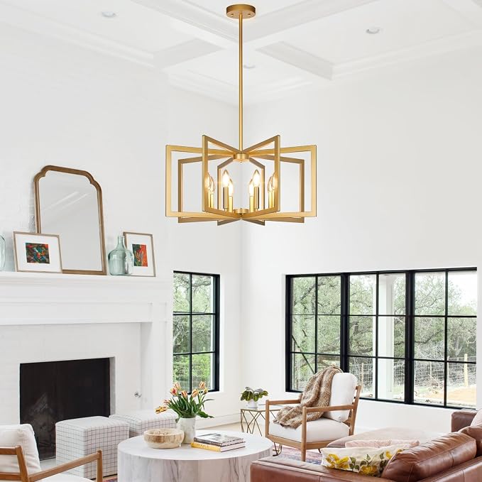 Lynnoland 25"-61" Height Adjustable Modern Gold Chandelier for Dining Room, No Assembly Required Gold Dining Room Light Fixture Over Table, Industrial Metal Pendant Lights Fixture for Kitchen Island