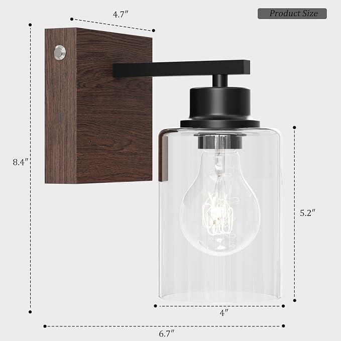 Rayogale Wireless Battery Operated Wall Sconce Set of 2 with Remote Control | Black & Walnut Dimmable Rechargeable Wall Lights with Timer, Easy Install Glass Lamp for Living Room Bedroom, Emergency 3000K