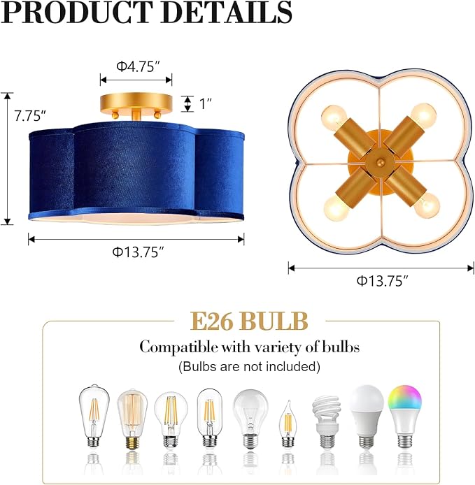 VILUXY Modern Semi Flush Mount Ceiling Light Fixture, Blue and Gold Ceiling Lights with Velvet Fabric Shade 4-Light Drum Ceiling Light Fixture for Bedroom Nursery Hallway Entryway Kitchen, UL Listed