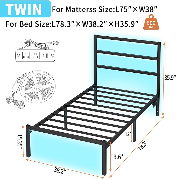 CLIBFENG Twin Bed Frame with Headboard,Heavy Duty Steel Slats Support-LED Bed Frame with USB Charging Station,Mattress Foundation-Under Bed Storage,No Box Spring Needed,Noise Free，Black