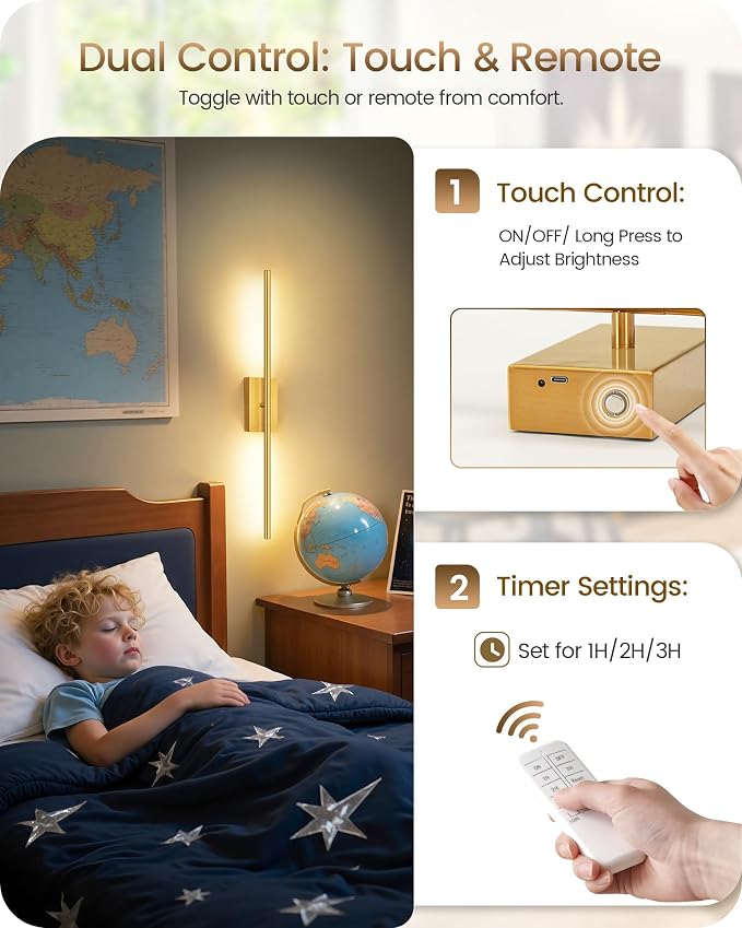 27.6" Wireless Battery Operated Wall Sconces Set of 2, Modern Rechargeable Lamp with Remote, 360° Rotation, 10000mAh, Touch Dimmable Lights for Bedroom, Living Room, Hallway, Gold D06YBP205