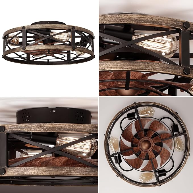 SHLUCE Caged Ceiling Fan with Light and Remote, Farmhouse Fandelier | 19" Flush Mount Small Rustic Low Profile Bladeless Design, Quiet Operation, ETL Listed, for Kitchen & Bedroom Indoor Use
