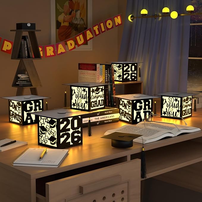 6 Pcs Graduation Table Centerpieces Boxes Class of 2026 Black Square Graduation Paper Lanterns with String Lights Hollow Out for Congrats Grad School College Table Decorations Grad Party Photo Props