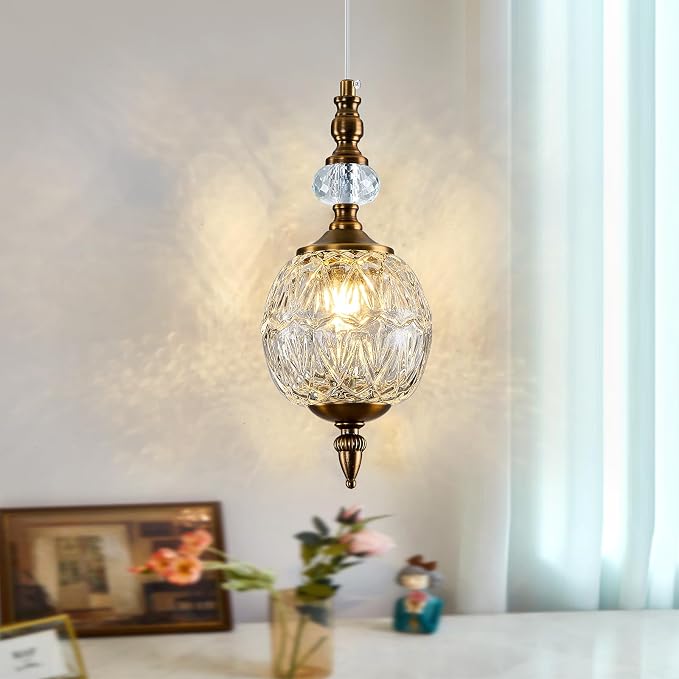 Piepooye 4.72" Vintage Mini Gold Glass Pendant Light for Kitchen Island | Antique Brushed Brass Chandelier Adjustable Hanging Ceiling Light Fixture Farmhouse Dining Room Bedroom Foyer Entryway