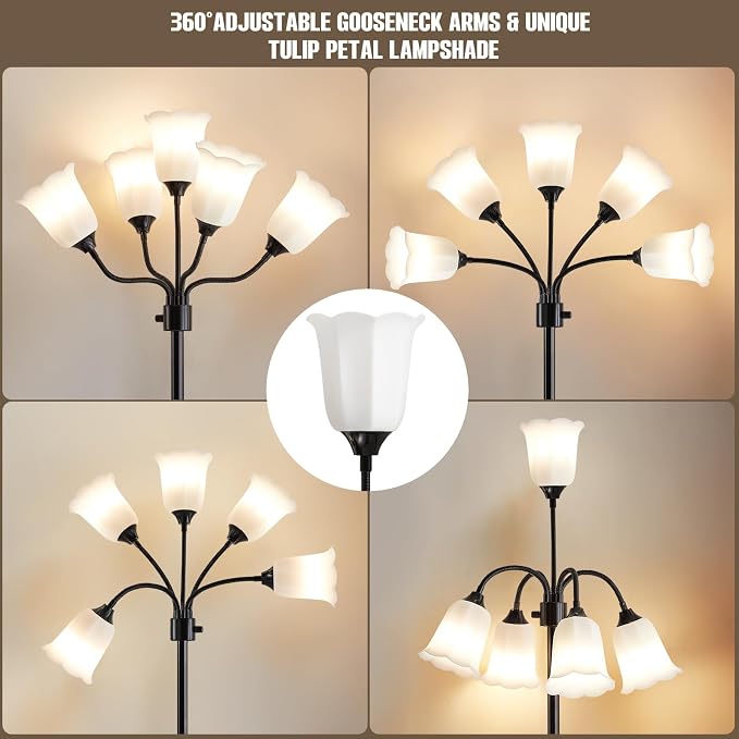 Medusa LED Floor Lamp, Multi Head Modern Tall Lamp with Adjustable Gooseneck Standing Lamps for Living Room Bedroom Kids Room Office 5 White Lampshades Bulb Not Included(Black)