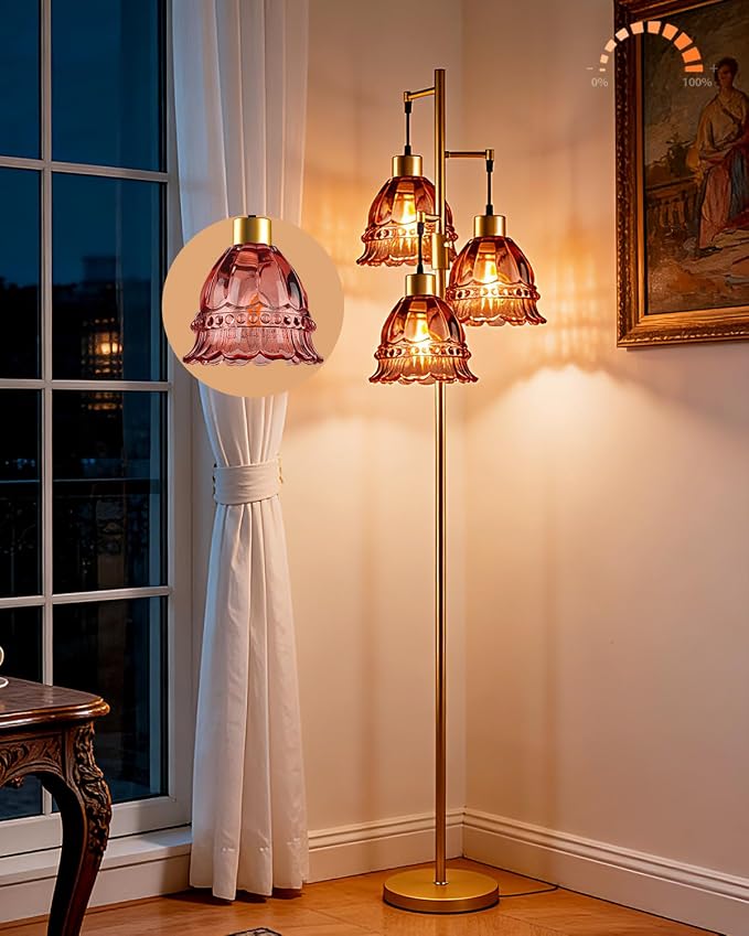 Lightdot 3-Lights Glass Floor Lamp Dimmable Gold Floor Lamp with Deep Red Glass Shade 3000K Bulbs Included Unique Modern Standing Tall Lamp with 5Lbs Heavy Base for Living Room/Bedroom/Sofa Beside