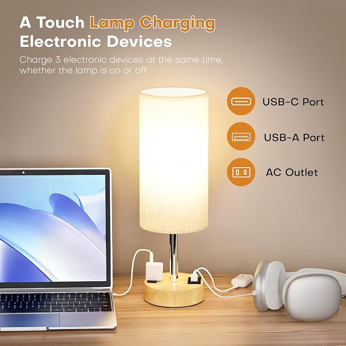 MOICO Table Lamp for Bedroom, Touch Nightstand Lamp with 10W USB Charging | 3-Way Dimmable Touch, USB-A & AC Outlet, Flicker-Free LED Bulb, 14in Fabric Shade, for Bedroom Living Room Dorm Office