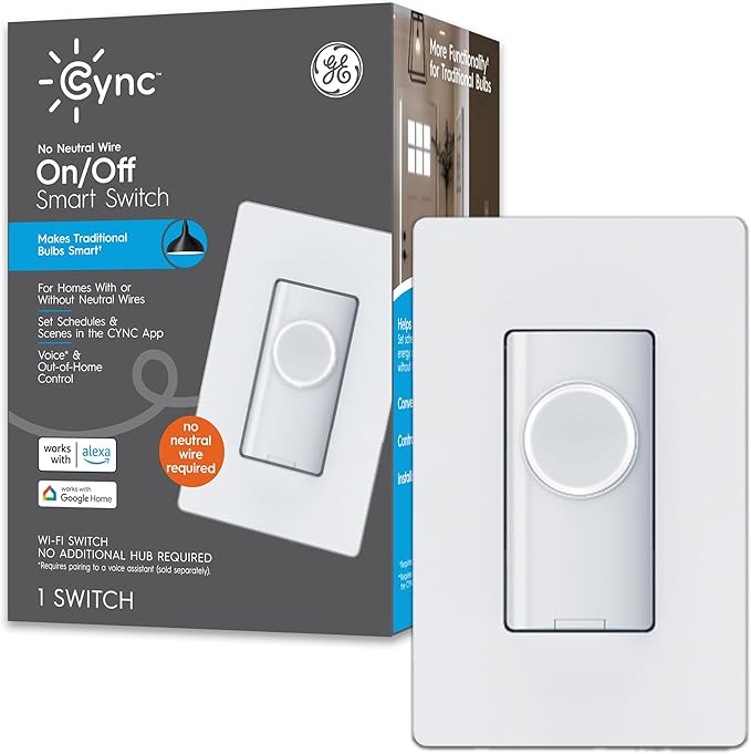 GE CYNC Smart Light Switch On/Off Button Style, No Neutral Wire Required Smart Switch, 2.4 GHz WiFi Works with Amazon Alexa and Google Home, White