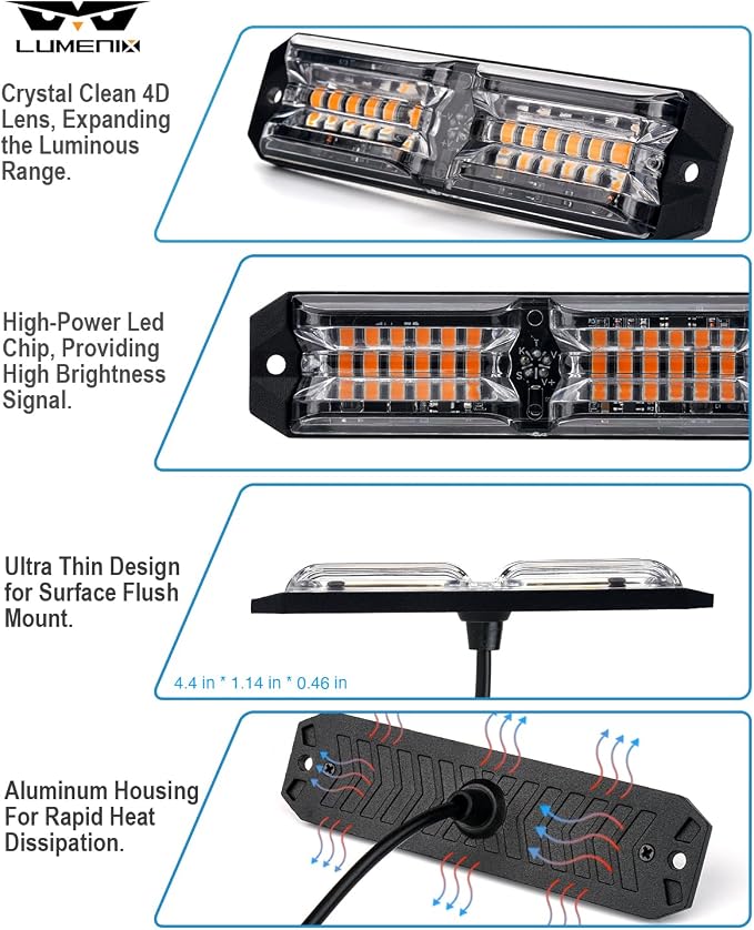 LUMENIX Grille Strobe Lights Kits for Trucks w/Controller, 8PCs High-Intensity LED Deck | Surface Mount Emergency Construction Vehicles Snowplow Side Marker Flashing Warning Light Assemblies - Amber
