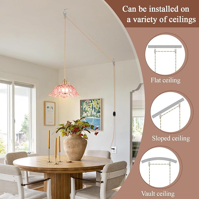 Plug in Pendant Light Fixtures,Hanging Light Fixture Corded On/Off Switch,10.6in E26 Pink Glass Lampshade Pendant Lighting for Kitchen Island, Bedroom, Dining Room