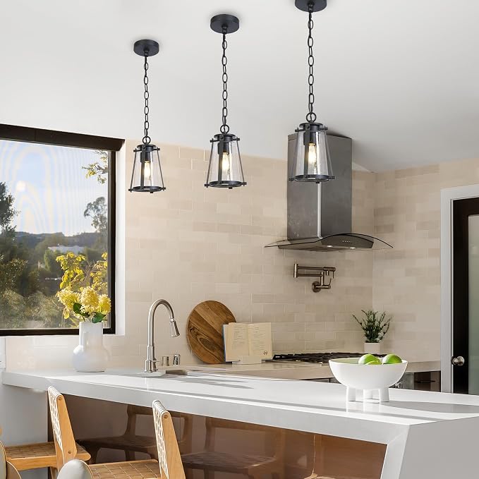 KSANA Pendant Light Kitchen Island, Black Pendant Hanging Light with Seeded Glass Farmhouse Rustic Pendant Light Fixtures for Dining Room Hallway