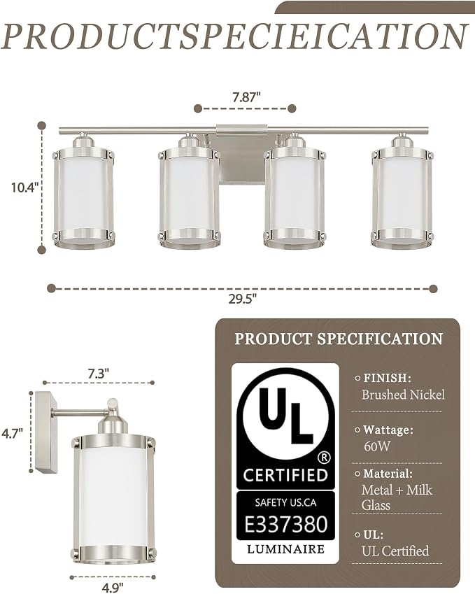 4-Light Brushed Nickel Bathroom Light Fixtures with Milk White Frosted Glass, 29" UL-Listed Modern Wall Sconce Over Mirror with Metal Cage for Bath, Hardwire E26, OS-3014BNW-4W