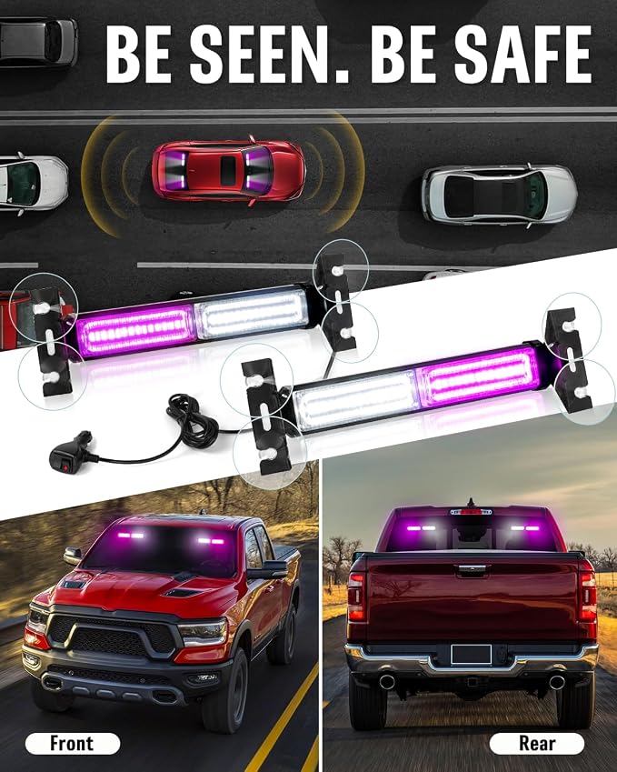 HLauto 1002L Emergency Strobe Traffic Advisor Light Bar: 40 LED Dash Safety Warning Flashing Light, Front/Rear Windshield for Construction Vehicle, Tow/Plow Truck (2x10.7inch, Purple White)